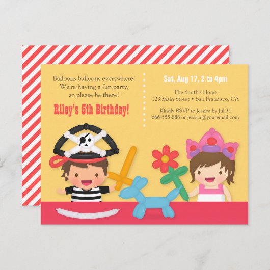 海賊及びプリンセスバルーン子供の誕生日パーティー 招待状 (正面/裏面)