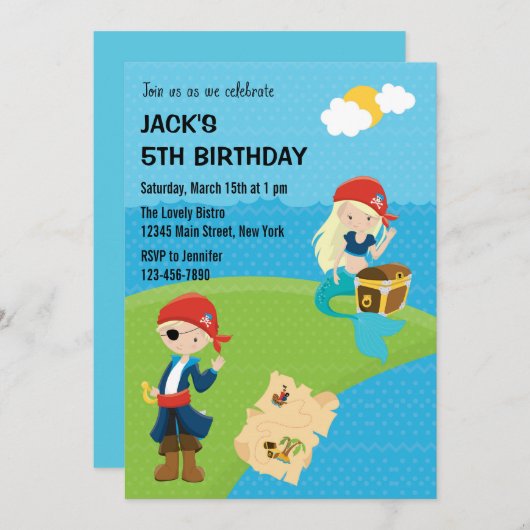 海賊及び人魚誕生日招待状ブルー 招待状 (正面/裏面)