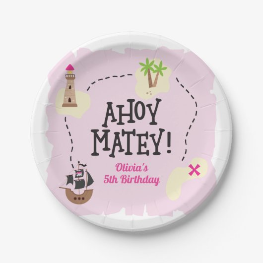 海賊地図ピンク誕生日 ペーパープレート (正面)