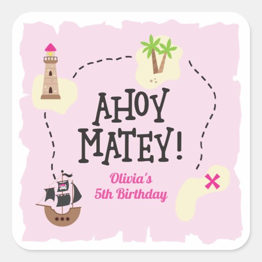 海賊地図 ピンク 誕生日 スクエアシール (正面)