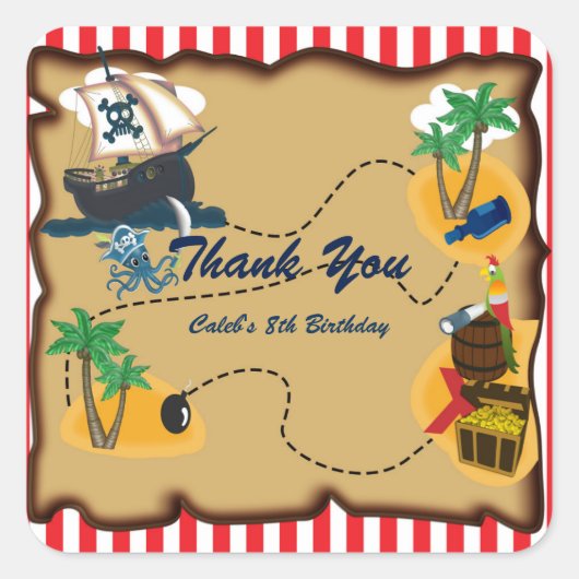 海賊宝地図バースデーパーティー好意ステッカー スクエアシール (正面)