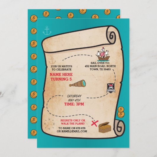 海賊宝物地図の誕生日の船のパーティーの招待 招待状 (正面/裏面)