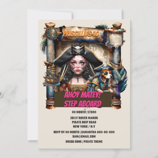 海賊少女の犬の宝の地図の誕生日テーマパーティー 招待状 (正面)