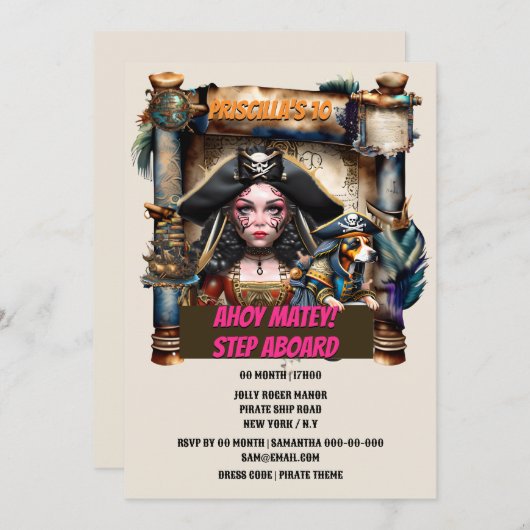 海賊少女の犬の宝の地図の誕生日テーマパーティー 招待状 (正面/裏面)