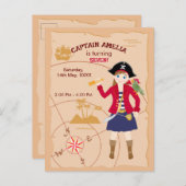 海賊少女トレジャーマップおもしろい誕生日パーティー インビテーションポストカード (正面/裏面)