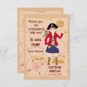 海賊少女トレジャーマップおもしろい誕生日パーティー サンキューカード (正面/裏面)