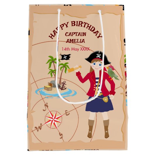 海賊少女トレジャーマップおもしろい誕生日パーティー ミディアムペーパーバッグ (裏面)