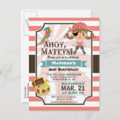 海賊少女；コーラルピンク&ブラウン誕生日パーティー インビテーションポストカード (正面/裏面)