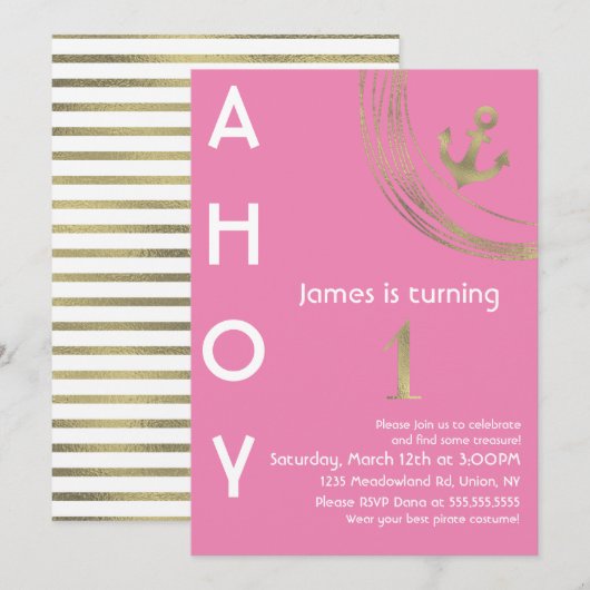 海賊最初の誕生日フェイク金ゴールド航海のいかり 招待状 (正面/裏面)
