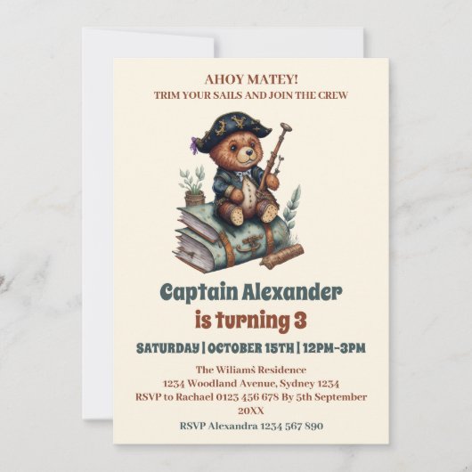 海賊熊をテーマにした誕生日パーティー 招待状 (正面)