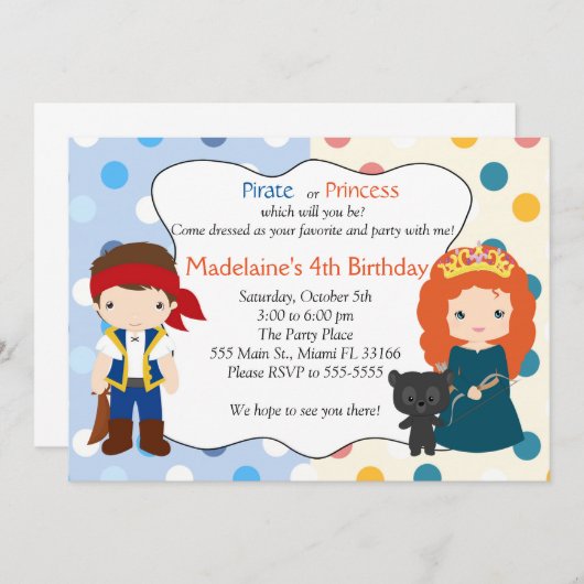 海賊版プリンセス招待状子供の誕生日パーティー 招待状 (正面/裏面)