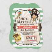 海賊版、グリーン、オレンジ、ブラウン誕生日パーティー 招待状 (正面/裏面)