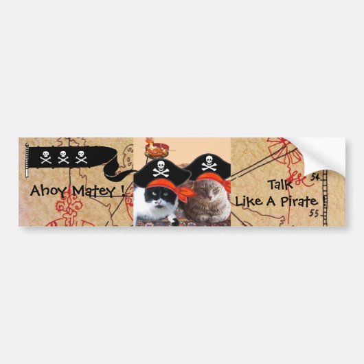 海賊猫アンティーク海賊の宝石図と旗 バンパーステッカー (正面)