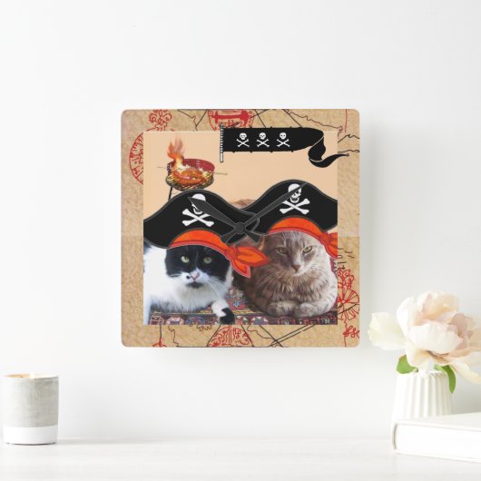 海賊猫アンティーク海賊宝地図と旗 スクエア壁時計 (ホーム)