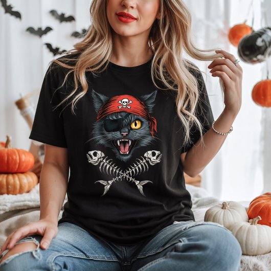 海賊猫キッテンスカルクロスボーンハロウィンブラック Tシャツ