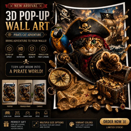 海賊猫冒険 3D ポップアップ壁画ポスター ポスター