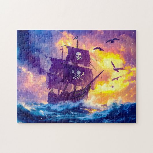 海賊船が日没に沈む公海 ジグソーパズル (横)