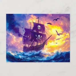 海賊船が日没に沈む公海 ポストカード