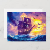 海賊船が日没に沈む公海 ポストカード (正面/裏面)