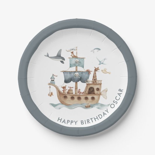 海賊船と動物の子供のパーティー ペーパープレート (正面)