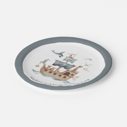 海賊船と動物の子供のパーティー ペーパープレート (アングル)