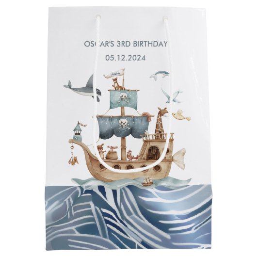 海賊船と動物の子供のパーティー ミディアムペーパーバッグ (裏面)