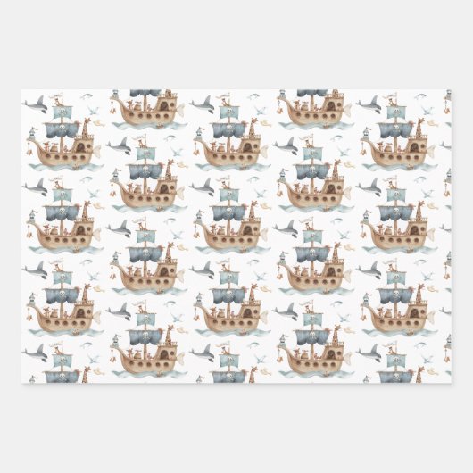 海賊船と動物の子供のパーティー ラッピングペーパーシート (正面)