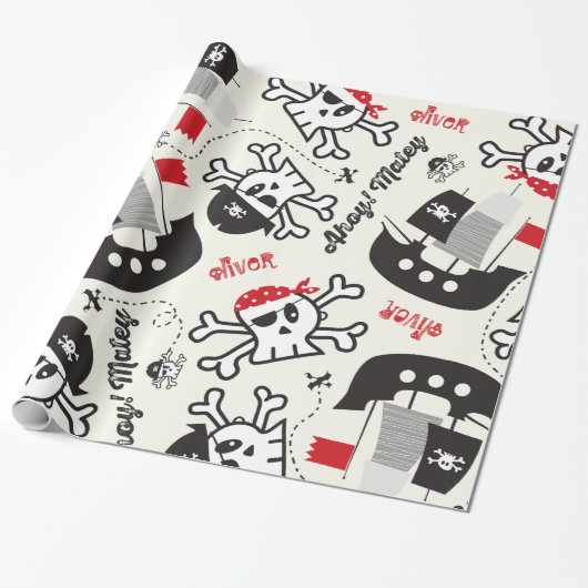 海賊船のスカルの子供の誕生日の包装紙 ラッピングペーパー (アンロールド)