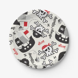 海賊船のスカルの男の子の誕生会の名前をカスタムする ペーパープレート