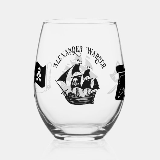 海賊船のドクロと十字骨の旗の地図名 ステムなしワイングラス (正面)