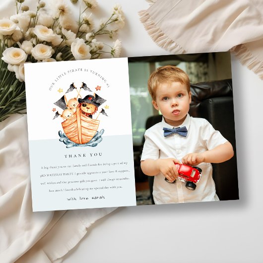 海賊船のライオンの子どもの写真の誕生日 サンキューカード