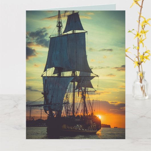 海賊船の写真を使った誕生日グリーティングカード カード (黄色い花)