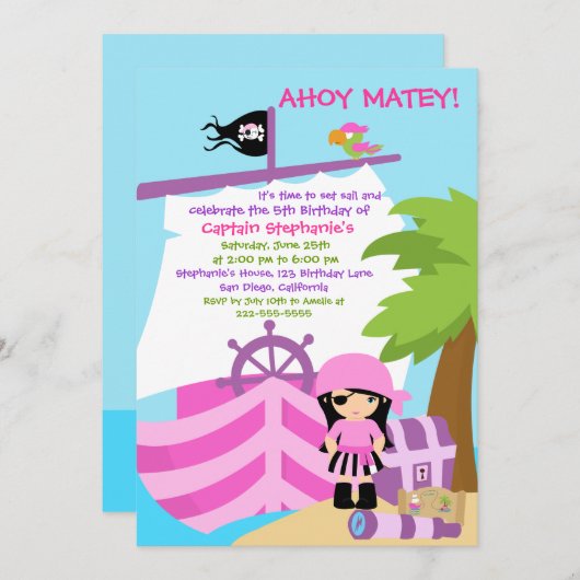海賊船の女の子の誕生日のパーティの招待状 招待状 (正面/裏面)