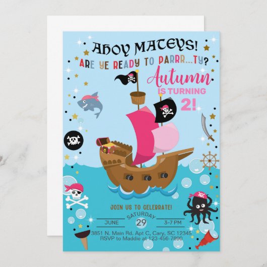 海賊船の女の子の誕生日の招待状。 招待状 (正面/裏面)