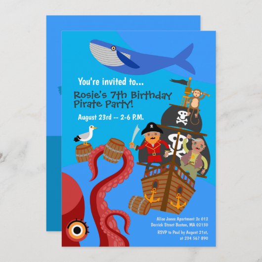 海賊船の海の冒険の誕生日パーティー 招待状 (正面/裏面)