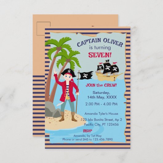 海賊船の誕生日パーティーの船長 サンキューカード (正面/裏面)