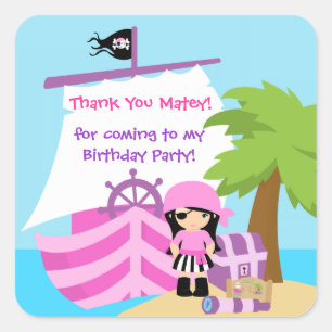 海賊船ガール誕生日サンキューステッカー スクエアシール