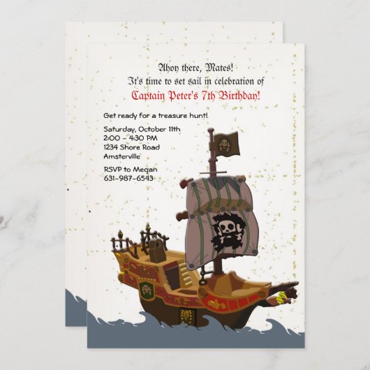 海賊船グランジ誕生日パーティーの招待 招待状 (正面/裏面)