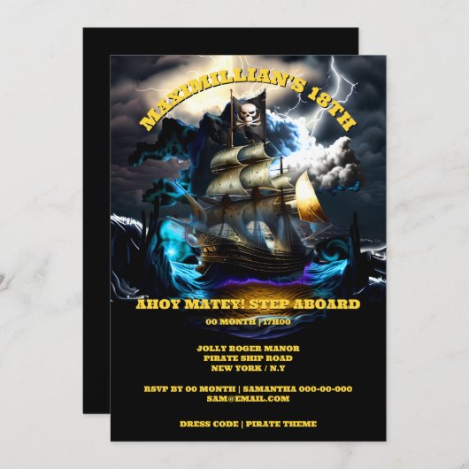 海賊船ジョリーロジャー国旗の夜の嵐の仲間 招待状 (正面/裏面)