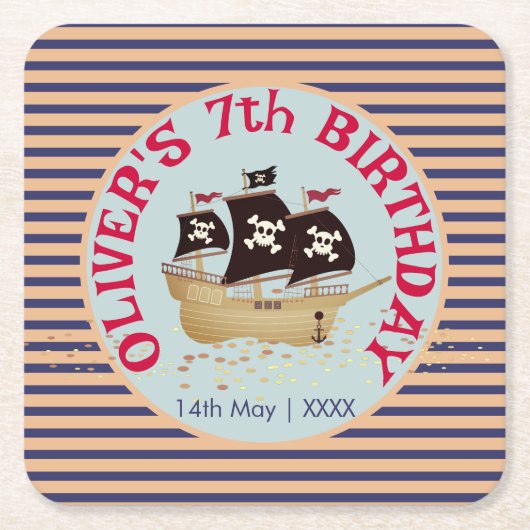 海賊船子供の誕生日パーティー スクエアペーパーコースター (正面)