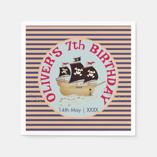 海賊船子供の誕生日パーティー スタンダードカクテルナプキン (正面)