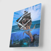 海賊船対巨大イカ スクエア壁時計 (傾斜)