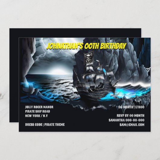 海賊船航海の夜海の月明かりの山 招待状 (正面/裏面)