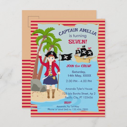 海賊船誕生日パーティーのキャプテン インビテーションポストカード (正面/裏面)