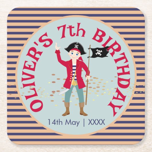 海賊船誕生日パーティーのキャプテン スクエアペーパーコースター (正面)