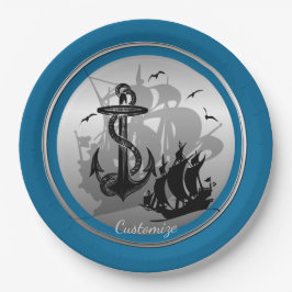 海賊船&いかりブラックシルエットプレート3 ペーパープレート