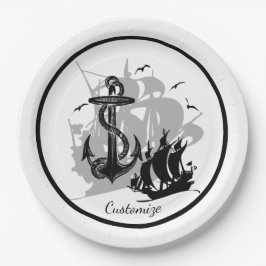 海賊船&いかりブラックシルエット紙プレート ペーパープレート