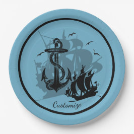 海賊船&いかりブラックシルエット紙プレート ペーパープレート