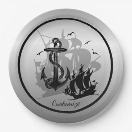 海賊船&いかりブラックシルエット紙プレート ペーパープレート