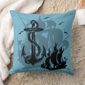 海賊船&いかりブラックシルエット装飾用クッション クッション (ブランケット)